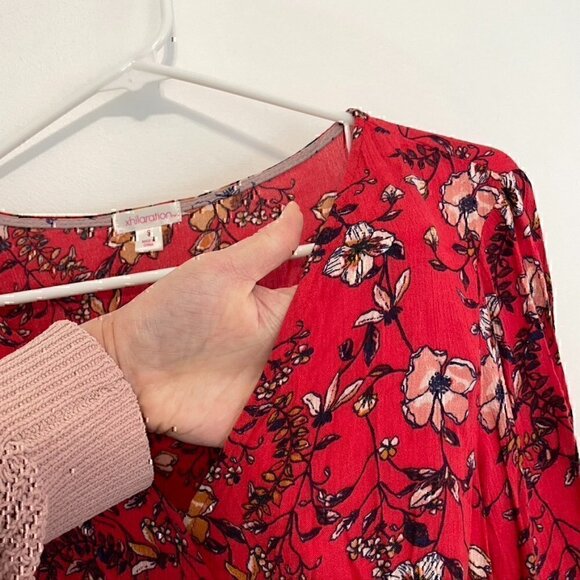 XHILARATION Coral Red Multi Floral Long Bell Flare Sleeve Wrap Surplice Romper S - Picture 5 of 12